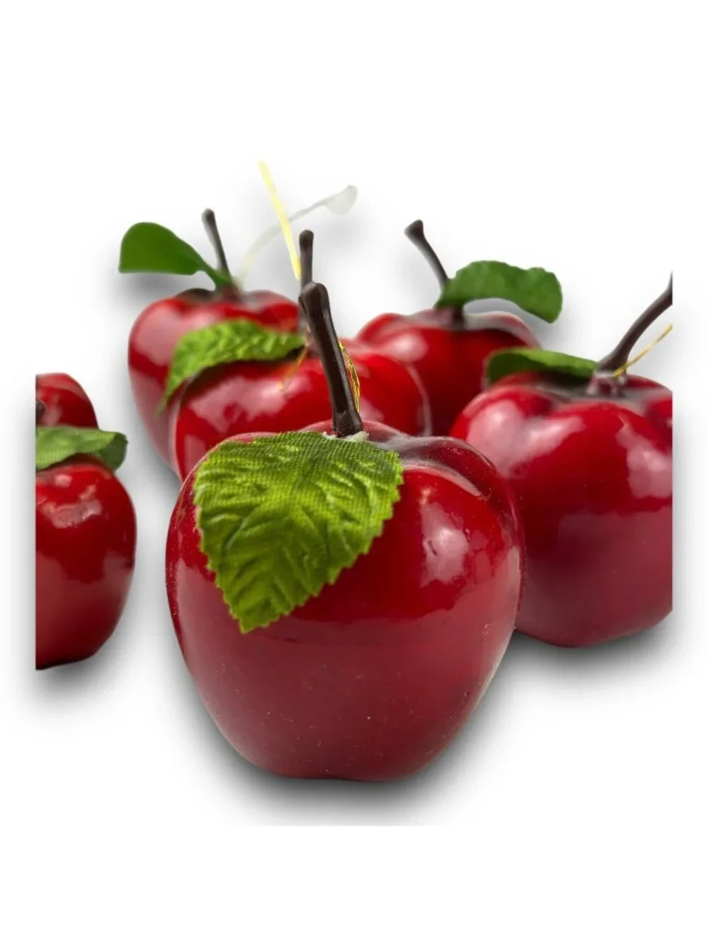 Set Of 7 Faux Red Apple Ornaments With Green Leaves & Stems For Seasonal Decor O